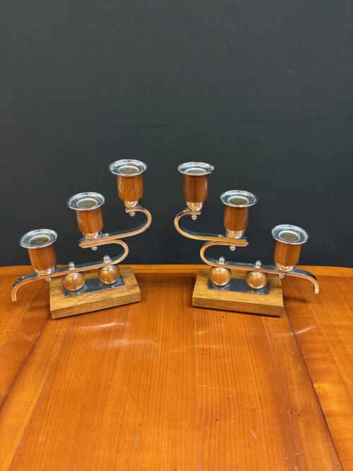 #8682 Pair of Chrome and Timber Candelabras