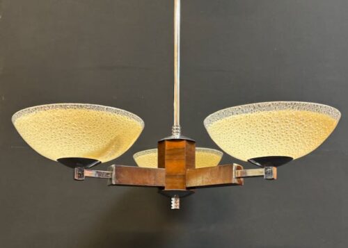 #8838  1930s chrome timber 3 arm light